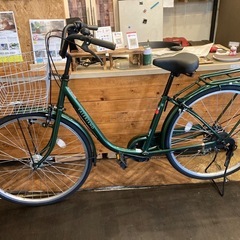 【後輪タイヤ・後輪チューブ新品！】 LEDオートライト　6段変速　26インチ自転車　モスグリーンの画像