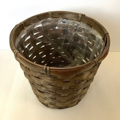 【美品】フラワーアレンジメント　カゴ　花器　ビニール付き　ゴミ箱　雑貨入れ　籠　ダークブラウン　焦茶　軽量　大の画像
