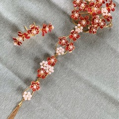 花嫁簪パーツ3個　金塗装金属軸パールと赤小花　尾長風　#154-33 usedの画像