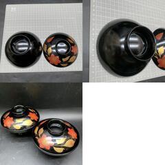 H397　高級漆器 天然木加工 蓋付きお椀 蒔絵 鉄仙花 2客素材 天然木 加工品   てっせん花柄　伝統工芸品　漆器　漆塗り　漆芸の画像