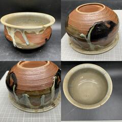 B338　未使用保管品　織部焼 陶器製 染付 建水 茶道具 茶器 煎茶道具　ヴィンテージ　古美術　和食器 大伝統工芸品の画像