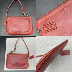 B377コーチ COACH アクセサリーポーチ ポーチ シグネチャー オールレザー 赤 ファスナー Accessory pouch レディース　リストレットの画像