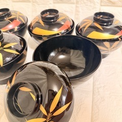【未使用品】高級蒔絵付 御吸物椀 5客 木箱入り 美品 黒塗 金蒔絵 松竹梅模様の画像