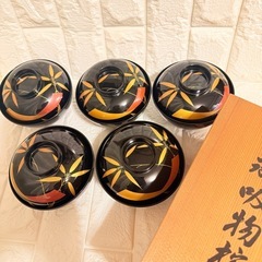 【未使用品】高級蒔絵付 御吸物椀 5客 木箱入り 美品 黒塗 金蒔絵 松竹梅模様の画像