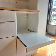 未使用訳あり キッチンボード ナチュラル×ホワイト 幅89.5 全段フルオープンスライドレール付き モイス付き 引出し カップボード 食器棚の画像