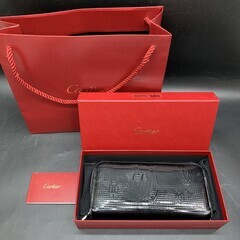 O363　Cartier カルティエ ハッピーバースデー ハッピーバースデイ ラウンドファスナー長財布 レザー エナメルカーフ 黒 ブラック L3001285の画像
