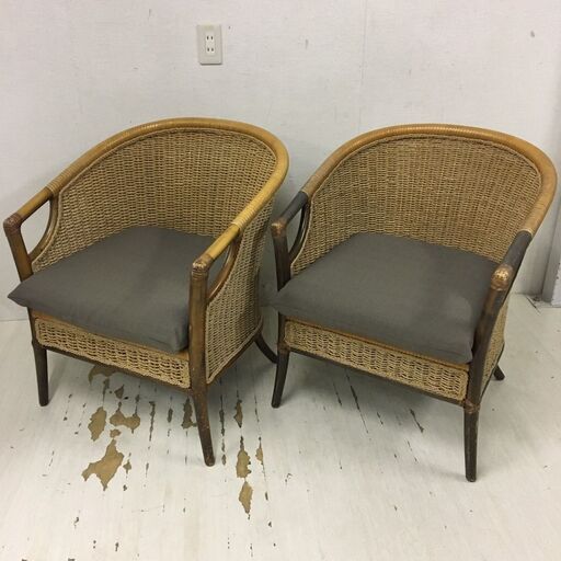 ラウンジチェア ラタン 木製フレーム F0928 25108 アンティークラタンチェア 2脚セット ラウンジチェア 籐 ◇大阪