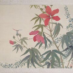 掛軸「モミジアオイと赤とんぼ」　絹本　大正期　肉筆の細密画　秋の風景　の画像