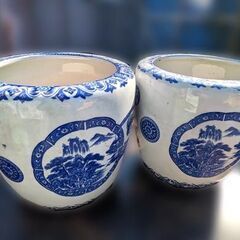 (2点セット)火鉢 陶器 メダカ水鉢 山水図 骨董品 レトロの画像