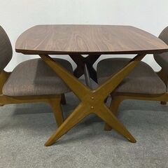ニトリ リビングダイニング リラックスワイド テーブル/チェア 3点セット ミドルブラウン/ターコイズブルー 中古家具 店頭引取歓迎 R10138の画像