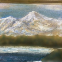 油彩画 山と湖の風景 (五色沼と裏磐梯山) 肉筆の画像