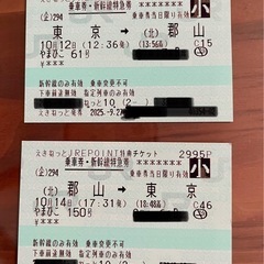 【本日10/10受付まで】新幹線チケット東京-郡山　往復チケット(10/12-14:大人2人、子ども1人)の画像