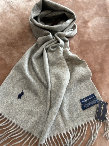 未使用タグ付きPOLO RALPH LAUREN ポロ ラルフ ローレンマフラー ストール ショール スカーフ グレイグレー灰色カシミヤカシミア100％縦172センチ横26センチフリンジ8センチレディースメンズユニセックス女性用婦人男性用紳士男女兼用