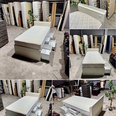 💥激安💥❗️配送•設置🉑❗️♻️処分撤去♻️大量収納付きニトリ　シングルベッド　マットレスセット　コンセント付き　ホワイトの画像