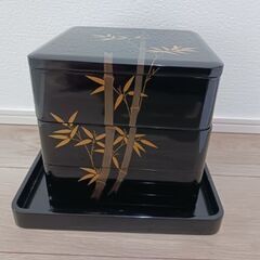配達可!!希少!!未使用保管品　輪島塗　三段重箱　　重台付き　黄色袋付き 木箱入り 重箱の画像