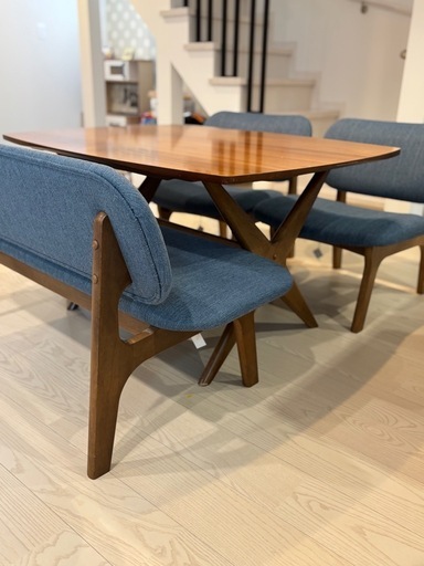 取引完了済 ニトリダイニングテーブル  ミドルブラウン ターコイズブルー 4点セット