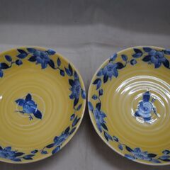 [1597] たち吉 黄地 盛鉢 2個セット 直径21cm 花柄 黄色 陶器の画像