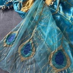 ジャスミン コスプレ 子供用 プリンセスドレス アラジン 衣装 上下 髪飾り 3点セットの画像