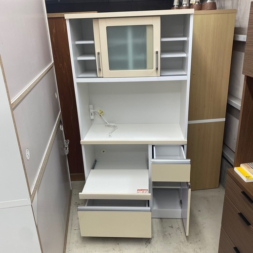 ?SALE? 食器棚　キッチンボード　白　ベージュ　幅90×奥40×高180cm　リサイクルショップ　朝霞市　ケイラック朝霞田島店　志