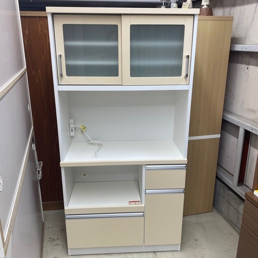 ?SALE? 食器棚　キッチンボード　白　ベージュ　幅90×奥40×高180cm　リサイクルショップ　朝霞市　ケイラック朝霞田島店　志