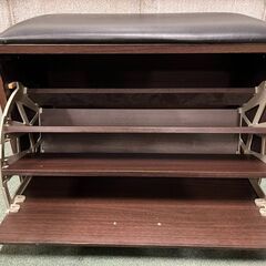 木製 シューズラック スツール付 ベンチ シューズボックス ブラウン 難あり 幅64cm×奥行31cm×高さ45cmの画像
