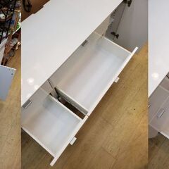 オーダーメイド (株式会社 長) キッチンカウンター■横幅140.5㎝×奥行42.5cm×高さ73.5cm■引き出し5個 フラップ扉 1枚扉 棚板可動式 コンセント1口 ホワイト 鏡面仕上げ レンジボード キッチンボード 食器棚■近隣配送無料 買取帝国 朝霞店の画像