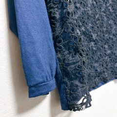 ネイビー　ブルー　長袖　トップス　花柄　刺繍　透け感　ブラック　黒　大人　可愛い　サイズ : Mの画像