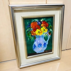 中村政己 油彩画 油絵 油画 絵画 花瓶 花 真作 薔薇 バラ　額縁　花びん　インテリア　壁掛け　陶器　の画像