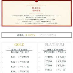大黒屋仙台パルコ店 10/12　本日の貴金属の買取金額