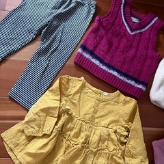 子供服　女の子　秋冬　ベスト　トレーナー　90　長袖チュニック　パンツ　ピンク　黄色の画像
