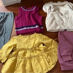 子供服　女の子　秋冬　ベスト　トレーナー　90　長袖チュニック　パンツ　ピンク　黄色の画像