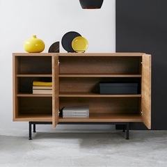 木目調 サイドボード 幅120cm 国産 完成品 スチール脚付きの画像