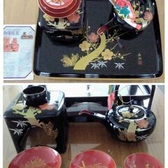 美品　会津塗　台付三段重　屠蘇器　銘々皿　セットの画像
