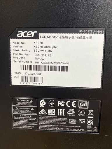 acer XZ270Xbmiiphx（27インチ）