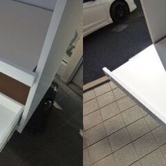 M-2　未使用/新品　訳ありアウトレット特価　未使用/新品　訳あり特価　国産 レンジボード 完成品 食器棚 カウンター キッチン収納 スライド棚 大型レンジ対応 大川家具 木製の画像