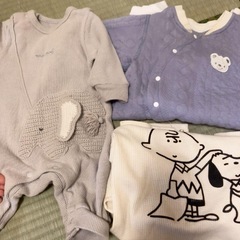 70サイズ男の子 6着ロンパースまとめ売り 冬 ワッフル生地 綿 ベビーニット熊の画像