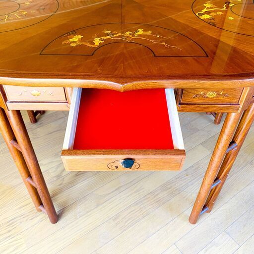 【高級 唐木家具】花梨無垢 五角形ダイニング6点セット/テーブル＋チェア5脚/引き出し付／象嵌飾り/天然木/5人掛け/食卓セット/E1
