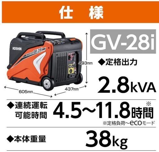 工進　中古発電機　GV-28i　実働約12時間　