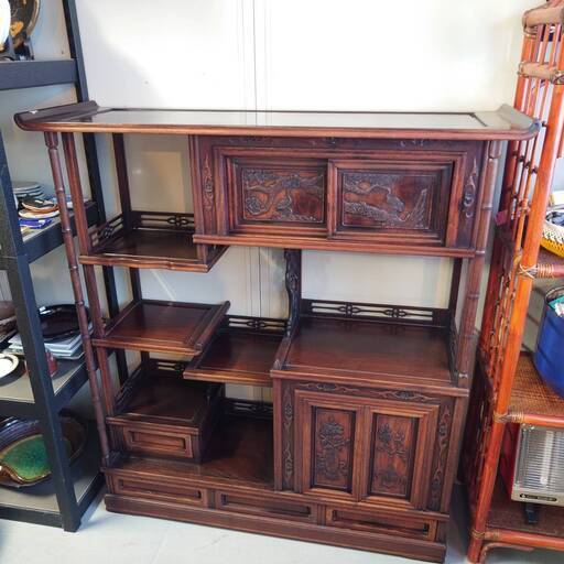 昭和 レトロ 中国 小叶 紫檀 家具 草木彫 茶箪笥 タンス 箪笥 透かし