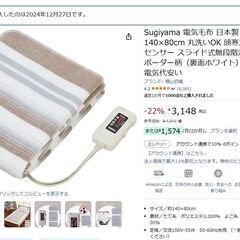 Sugiyama 電気毛布 日本製 丸洗いOKの画像