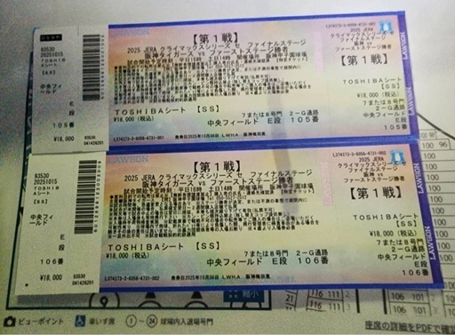 15日甲子園 クライマックスシリーズ ファーストステージ分 TOSHIBAペアチケット
