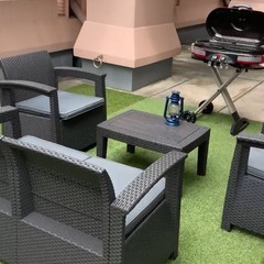 【使用2年】ラタン調 ガーデンファニチャー4点セット クッション付き おしゃれ 屋外家具の画像