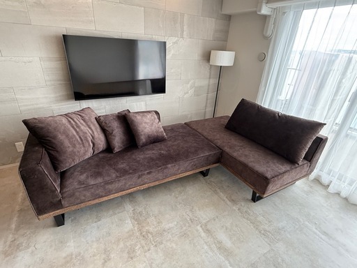 【美品カウチソファ】高級感あるブラウンのファブリックカウチソファ✨クッション付き／西宮市甲子園 引き取り限定