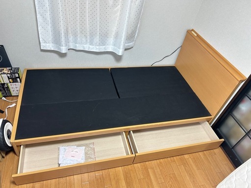 収納付きシングルベッド（コンセント2口・マットレス付き） 分解済み・工具あり・すぐ持ち帰りOK！ 12年購入／現金取引／積み込みお手伝
