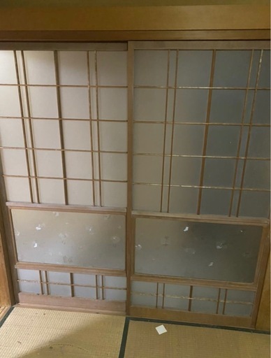 (904)(H177cm×W87.2cm) 2枚　デザインガラス入りのレトロな古い木製障子戸　古建具 ガラス戸 引き戸 古民家再生 古家具