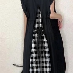 バックシャンワンピース ギンガムチェック フリル袖 Vネック マキシ丈の画像