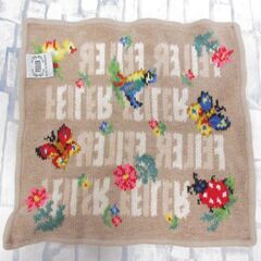 ( M-950 )FEILER フェイラータオルハンカチ　ブラウン 茶色 ベージュ 蝶々 てんとう虫 花 小鳥 アヒル 22×22cm 中古の画像