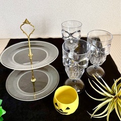 ハロウィン★スカルグラス3個とケーキスタンドセット　髑髏　ドクロ...