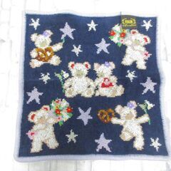 ( M-951 )FEILER フェイラータオルハンカチ　ネイビー 紺色 青 テディベア柄 星 22×23cm 中古の画像