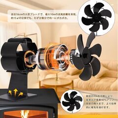 新品未使用ストーブファン 6枚羽根【熱駆動・電源不要】16cm大径ブレード 77cm²大接地面 ⾃動回転 日本製モーター搭載 静音 暖房効率アップ エコファン 磁気温度計付き 過熱保護 石油ストーブ/薪ストーブ対応の画像